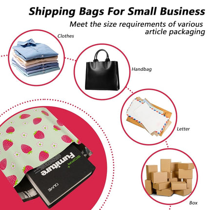 Poly Mailers 10x13 Inch 100 Pcs - Strawberries printed Shipping Bags, 2.4mil Thickness, Waterproof and Tear Resistant Mailing Envelopes, Self-Sealing Packaging Bags for Small Business