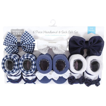 Hudson Baby baby-girls Headband and Socks Giftset, Navy Gingham, One Size