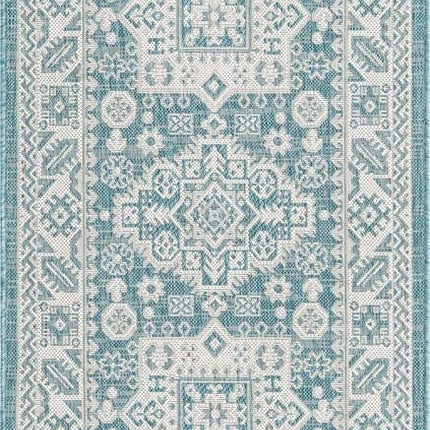 Unique Loom Outdoor Aztec Collection Area Rug - Chalca (2' 7" x 12' Runner, Aqua/Ivory)