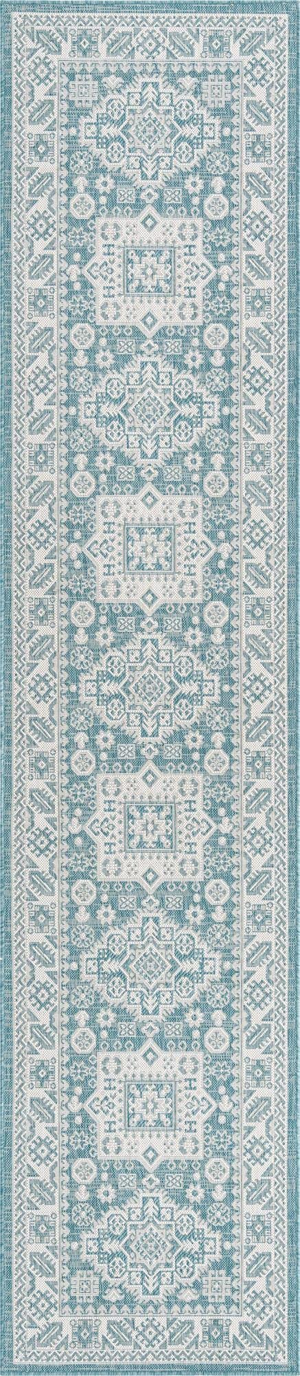 Unique Loom Outdoor Aztec Collection Area Rug - Chalca (2' 7" x 12' Runner, Aqua/Ivory)