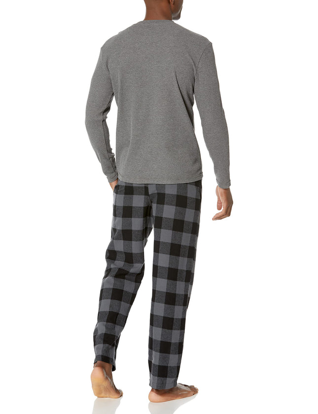 Wrangler Men's Waffle Knit Top and Flannel Pant Pajama Sleep Set, Charcoal/Plaid, XXL