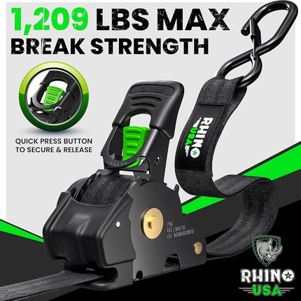 Bridas de trinquete retráctiles (paquete de 4) 540 kg de resistencia máxima garantizada, incluye (4) bridas retráctiles automáticas Ultimate de 2,5 cm x 3 m con mangos acolchados, negras