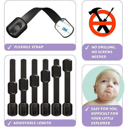 Baby Proofing Safety Cabinet Locks - Child Proof Latches for Dresser Drawer Cupboard Doors Closet Oven Refrigerator Fridge - Adjustable Childproof Straps by Oxlay - Black - 6 Pcs