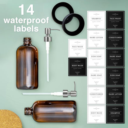 Vine Creations Amber Glass Soap Dispenser 2 Pack, Thick 16oz Bottles with Rustproof Stainless Steel Pump, Modern Farmhouse Vintage Jar, Bathroom Kitchen Accessories, Dish and Hand Soap Labels (Silver)