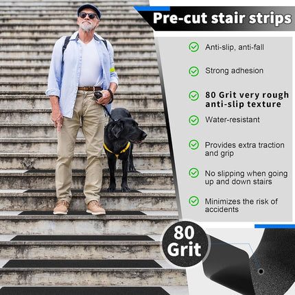 SMILOOL Outdoor Stair Treads Non-Slip Step Strips for Wooden Steps 5 Pack 8” x 30” Anti Slip Grip Tape Precut for Outside Stairs, Non Skid Stair Tread Mats Weather Resistant for Outdoors, Black