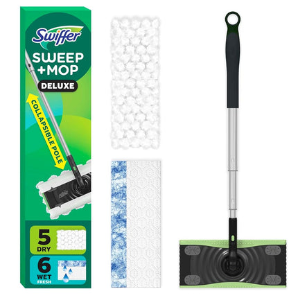 Swiffer Sweep and Mop Deluxe, 2-in-1 Floor Mopping and Sweeping Kit, 1 Device, 5 Sweep Refills, 12 Mop Refills