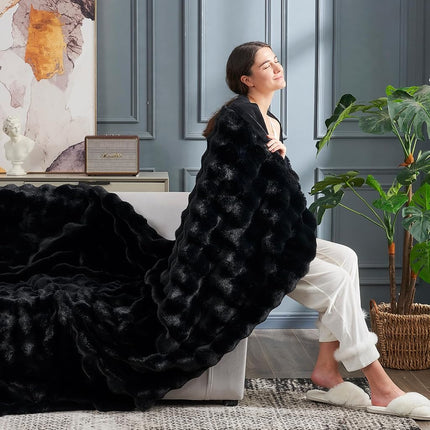 Cozy Bliss Faux Fur Throw Blanket for Couch, Bubble Plush Blanket Twin Size, Fuzzy Soft & Thick Blanket for Bed Sofa Living Room, 152.4 x 203.2cm Black