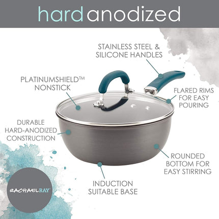 Rachael Ray Create Delicious Hard Anodized Nonstick Saute/All Purpose Pan with Lid, 3 Quart, Gray with Teal Handles