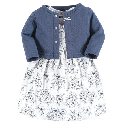 Hudson Baby Girls' One Size Quilted Cardigan and Dress, Blue Toile, 18-24 Months