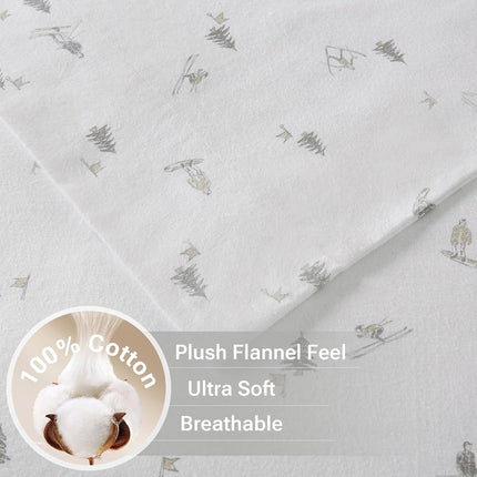 True North by Sleep Philosophy Flannel Sheets Twin Size, Cozy 100% Cotton Flannel Bed Sheets, Ultra Soft Cute Sheet Set, Elastic Pocket Fits Up to 12" Mattress, Skiiers 3 Piece