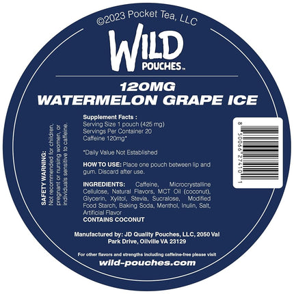 Wild 20 x 120mg Caffeine Pouches Nicotine Free Iced Watermelon/Grape - 1 x Can of Energy Pouches - Caffeine Pouch