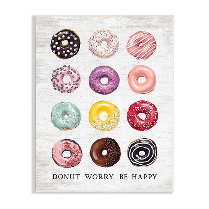 Stupell Industries Donut Worry Be Happy Pun Glazed Farmhouse Desserts, Designed by Lettered and Lined Wall Plaque, 13 x 19, Multi-Color