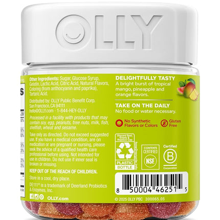 OLLY Adult Multivitamin + Probiotic Gummy, 1 Billion CFUs, Digestive and Immune Support, Chewable Supplement, Tropical Flavor, 35 Day Supply - 70 Count