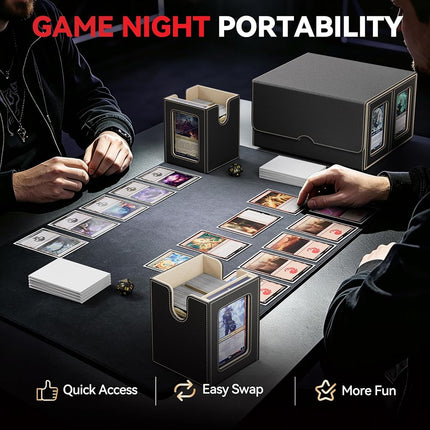 Card Deck Box for MTG with Commander Display, 5 in 1 Card Storage Box Fits 400+ Double-sleeved Cards, Removable Deck Case for TCG/Sports Cards with Dice Tray, 4 Magnetic Card Holders (Black Gold)