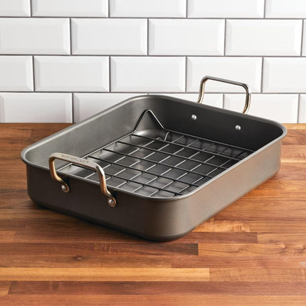 Rôtissoire/Plat de cuisson antiadhésif Rachael Ray avec grille réversible, 41,9 cm x 34,3 cm, gris