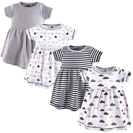 Hudson Baby Baby Girls' Cotton Dresses, Stars and Clouds 4pk, 4T