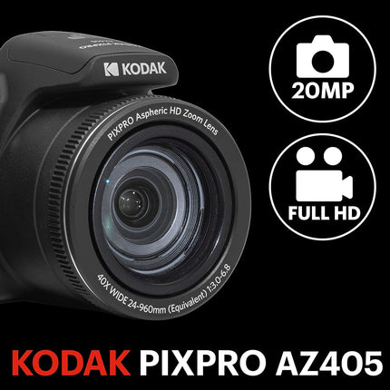 KODAK Pixpro Astro Zoom AZ405 - Digital Bridge Camera, 40x Zoom, 24 mm Wide-angle Lens, 20 Megapixels, 3" LCD Display, 1080p Full HD Video, OIS, AA Battery - Black