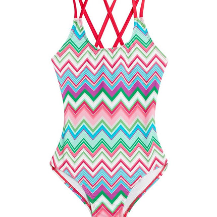 Kanu Surf Girls' Reese UPF 50+ Beach Sport Criss-Cross One Piece Swimsuit, Nina Pink/Green, 10