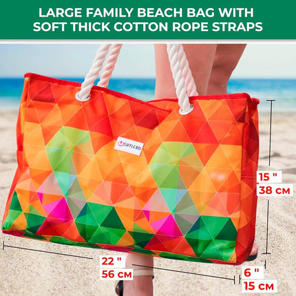 SHYLERO Beach Bag XL. 100% Waterproof (IP64). L22 xH15 xW6 w Cotton Rope Handles, Top Zipper, Extra Outside Pocket. Beach Tote Has Waterproof Phone Case, Built-in Key Holder, Bottle Opener (Rainbow)