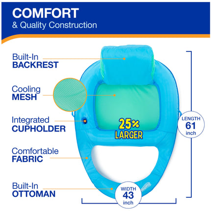 Sillón reclinable SwimWays Spring Float Premium XL para piscina, flotadores inflables de piscina para adultos con inflado rápido, portavasos y reposapiés, soporta hasta 136 kg, azul