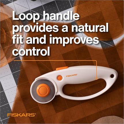 Fiskars 45mm Rotary Cutter for Fabric with Ergonomic Loop Grip, Premium Steel Rotary Fabric Cutter Blade for Precise Cuts, Arts and Crafts, Sewing Supplies and Quilting Tools