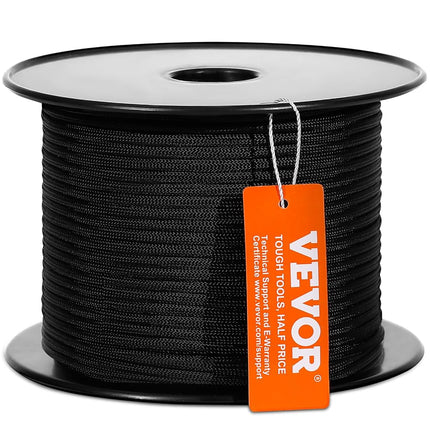 VEVOR Braided Nylon Rope, 3/16 in x 250 ft, 32 Strands, 720 LBS Breaking Strength Outdoor, Arborist Tree Rigging for Rock Hiking Camping ord Swing Rappelling Rescue, Black