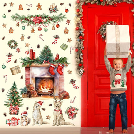 Christmas Wall Decals Merry Christmas Wall Stickers Fireplace Stickers Christmas Pine Tree Decals for Wall Removable Winter Animals Wall Art Decals for Christmas Party Supplies Living Room Home Decor