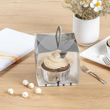 Restaurantware-4 Inch x 4.25 Inch Individual Cupcake Boxes, 100 Disposable Cupcake Display Boxes - with Handle, Tree Accent, Clear Plastic Single Cupcake Containers, for Weddings Or Birthdays