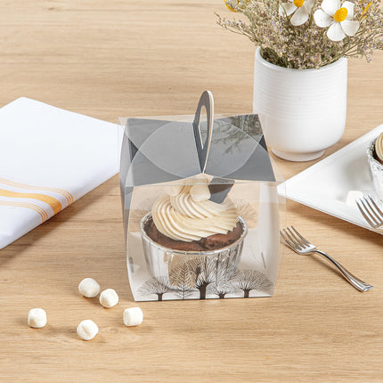 Restaurantware-4 Inch x 4.25 Inch Individual Cupcake Boxes, 100 Disposable Cupcake Display Boxes - with Handle, Tree Accent, Clear Plastic Single Cupcake Containers, for Weddings Or Birthdays