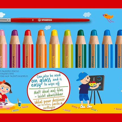 STABILO Multi-Talented Pencil woody 3 in 1 - Pack of 18 - Assorted Colors with Sharpener and Paint Brush