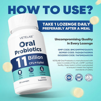 VeteLab Oral Probiotics for Mouth Bad Breath - 11 Billion CFU Chewable Probiotics for Teeth & Gums, Dry Mouth, Gum Restore, Fresh Breath, Chronic Halitosis & Gut Health, 60 Lozenges