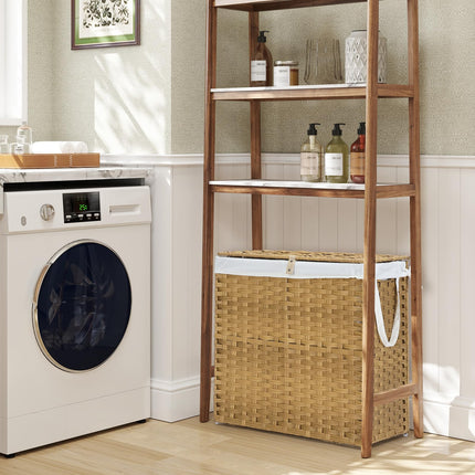 DUMOS Wicker Laundry Basket with Lid, 110L Woven Laundry Hamper with Handles, Foldable Rattan Clothes Hamper with Removable Liner & Sturdy Steel Frame, Yellow