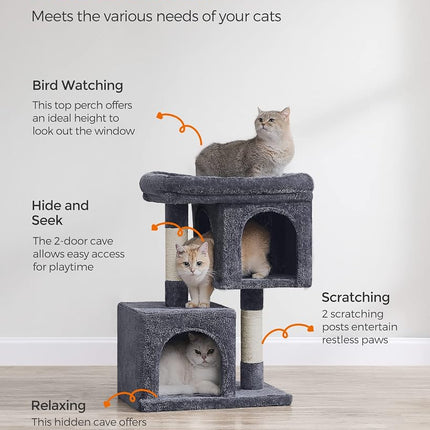 Feandrea Cat Tree Tower, 74 cm, M, Condo for Medium Cats up to 11 lb, Large Perch, 2 Caves, Scratching Post, Smoky Gray UPCT612G01