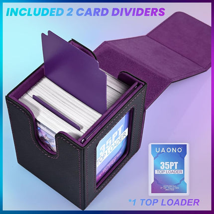 UAONO Card Deck Box with Command Display, Holds 100+ Double-Sleeved Cards, Storage Box Fits FFG/PTCG/Sports Cards with 2 Dividers, 1 Toploader (Black, Purple)