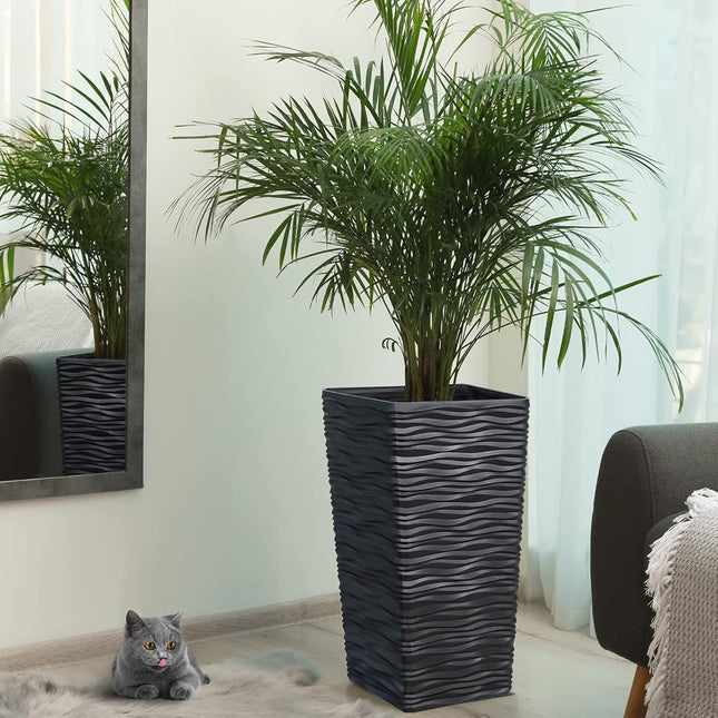 Worth Garden 2-Pack Black Tall Tree Planter - Plastic Square Tapered Plant Pots for Indoor Outdoor - 55CM Tall Modern Wavy Finish Decorative Flower Pots for Front Porch Containers Patio Deck
