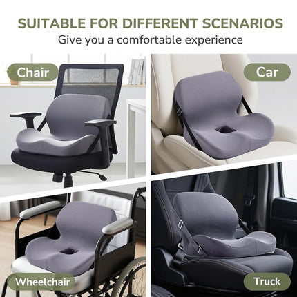 EGOHOME L-Shaped Seat Cushion for Office Chair & Car, Memory Foam Coccyx Cushion with Lumbar Support - Relieves Tailbone, Sciatica, Lower Back Pain, Adjustable Strap & Non-Slip Bottom, Grey