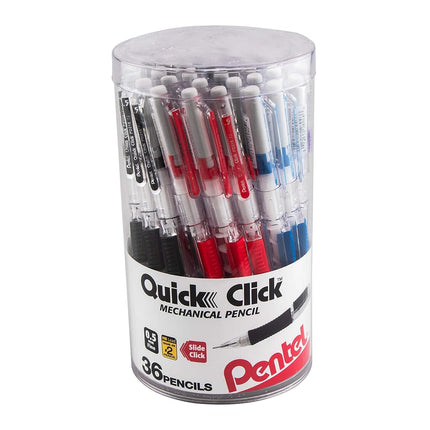 Pentel Quick Click Mechanical Pencil, (0.5mm) Fine Line, Canister, Assorted Colors (A/B/C/N/V), 36-PK (PD215PC36M)