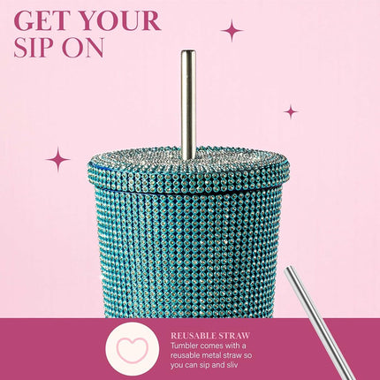 Paris Hilton Diamond Bling Water Tumbler with Lid and Straw, Vacuum Insulated Stainless Steel, Bedazzled with Over 3700 Rhinestones, 16.9-Ounce, Blue