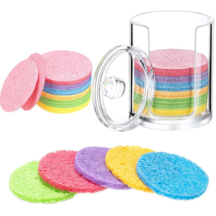 50 Pieces Compressed Natural Facial Sponges Round Soft Face Exfoliator Cleansing Sponge Reusable Cosmetic Sponge with Clear Plastic Sponge Storage Jar for Exfoliating, Makeup Removal (Multi-Color)