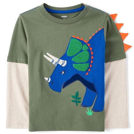 Gymboree Boys and Toddler Embroidered Graphic Long Sleeve Layered T-Shirts, Olive Triceratops, 18-24 Months