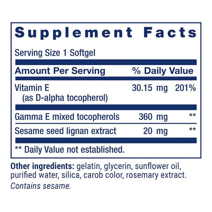 Life Extension Gamma E Tocopherol with Sesame Lignans Softgels, 60 Count