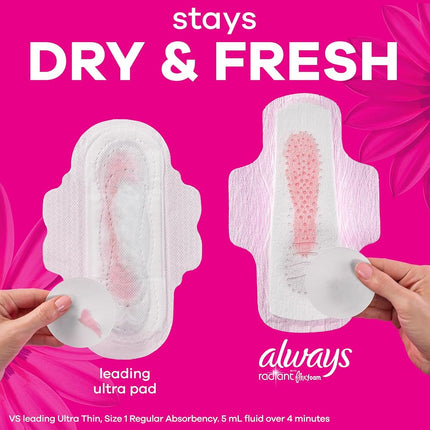 Always Radiant Feminine Pads For Women, Size 1 Regular Absorbency, With Flexfoam, With Wings, Light Clean Scent, 30 Count x 3 Packs (90 Count Total)