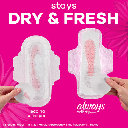 Always Radiant Feminine Pads For Women, Size 1 Regular Absorbency, With Flexfoam, With Wings, Light Clean Scent, 30 Count x 3 Packs (90 Count Total)