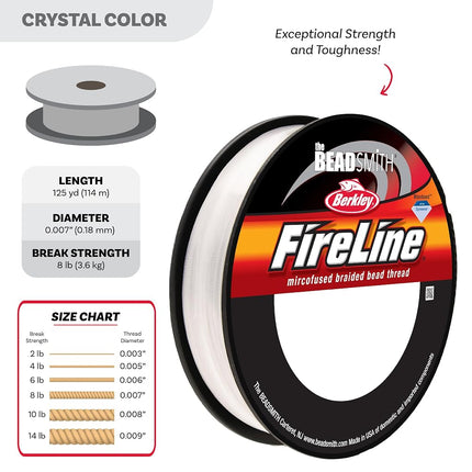 The Beadsmith Fireline by Berkley – Micro-Fused Braided Thread – 8lb. Test, 007”/.17mm Diameter, 125 Yard Spool, Crystal Color – Super Strong Stringing Material for Jewelry Making and Bead Weaving