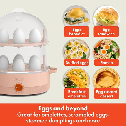 bella Cocedor de Huevos Eléctrico, Bandeja con Capacidad para 14 Huevos, Doble Piso, para Huevos Escalfados, Revueltos, Duros, Medios y Poco Hechos, Omelets y Bolitas de Masa al Vapor, Apagado Automático, 360 Vatios, Blossom