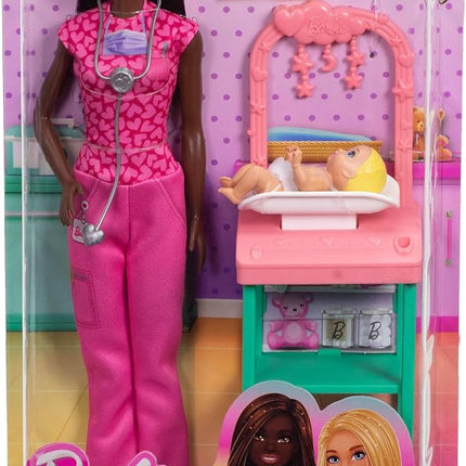 Barbie Baby Doctor with Brunette Fashion Doll Wearing Pink Scrubs, 1 Baby Doll with Accessories & Furniture
