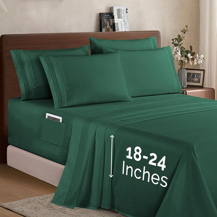 Elegant Comfort 6 Piece Bed Sheet Set Ultra Soft 1500 Thread Count Extra Deep Pocket 18-24 Inch Deep Pocket Smart Storage Pockets Wrinkle Resistant California King (Hunter Green)