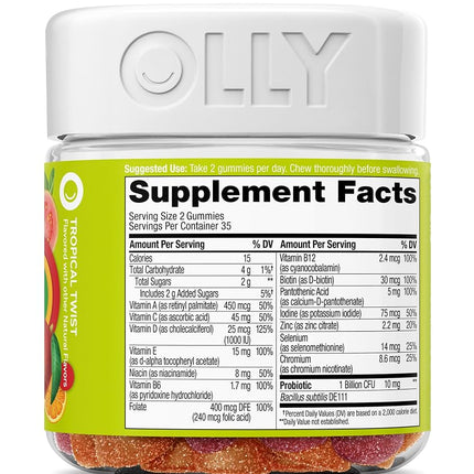 OLLY Adult Multivitamin + Probiotic Gummy, 1 Billion CFUs, Digestive and Immune Support, Chewable Supplement, Tropical Flavor, 35 Day Supply - 70 Count