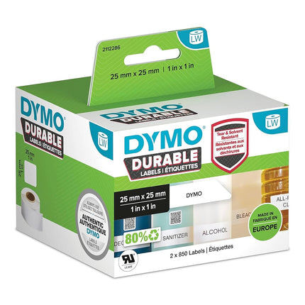 DYMO Original LabelWriter Durable Labels | 25mm x 25mm | White Poly | 2 Rolls of 850 (1,700 Self-Adhesive Labels) | High-Performance | For LabelWriter Label Makers