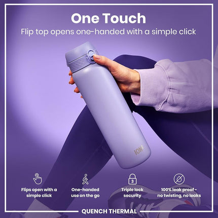 Ion8 Vacuum Insulated Stainless Steel 1 Litre Water Bottle, 920ml, Leak Proof, One-Finger Open, Secure Lock, Carry Handle, Dishwasher Safe, Scratch Resistant, Ideal for Sports and Yoga, Light Purple